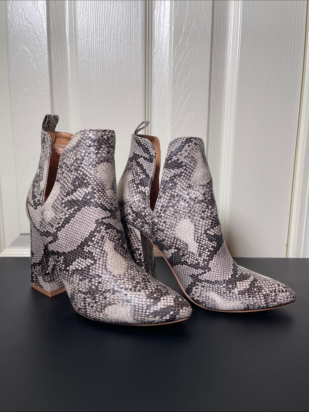 Cape Robbin Snake-Print Pointed Toe Block Heel Ankle Boots - Black & Gray